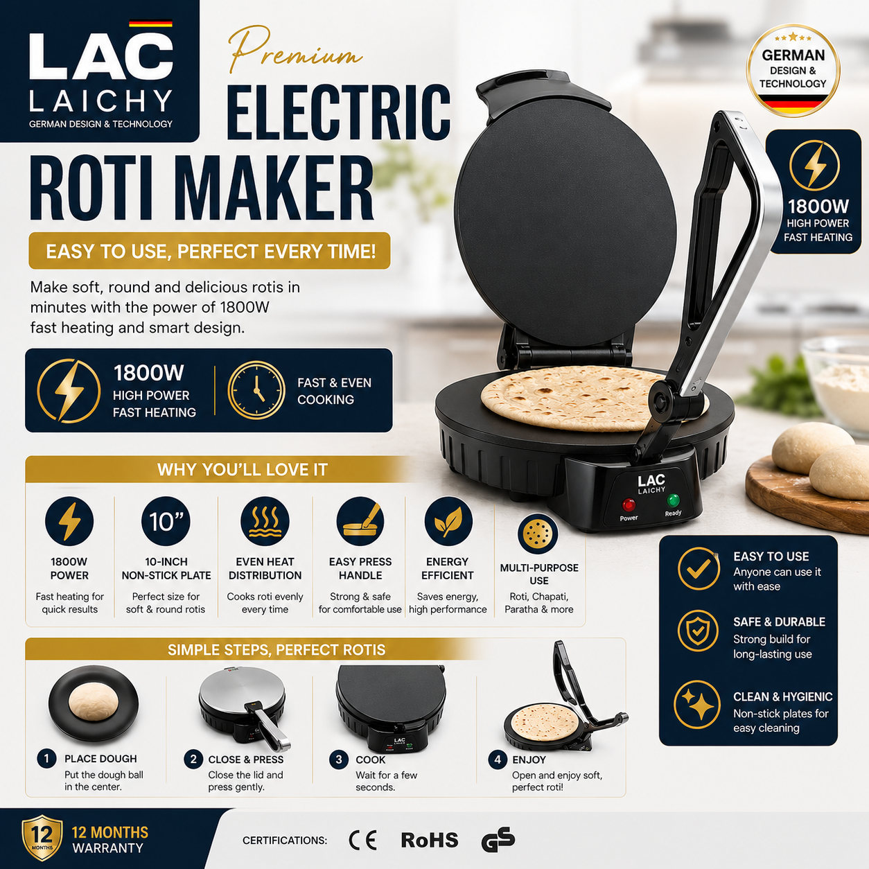 Premium Electric Roti Maker – 10" Non-Stick Plate | 1800W Fast Heating